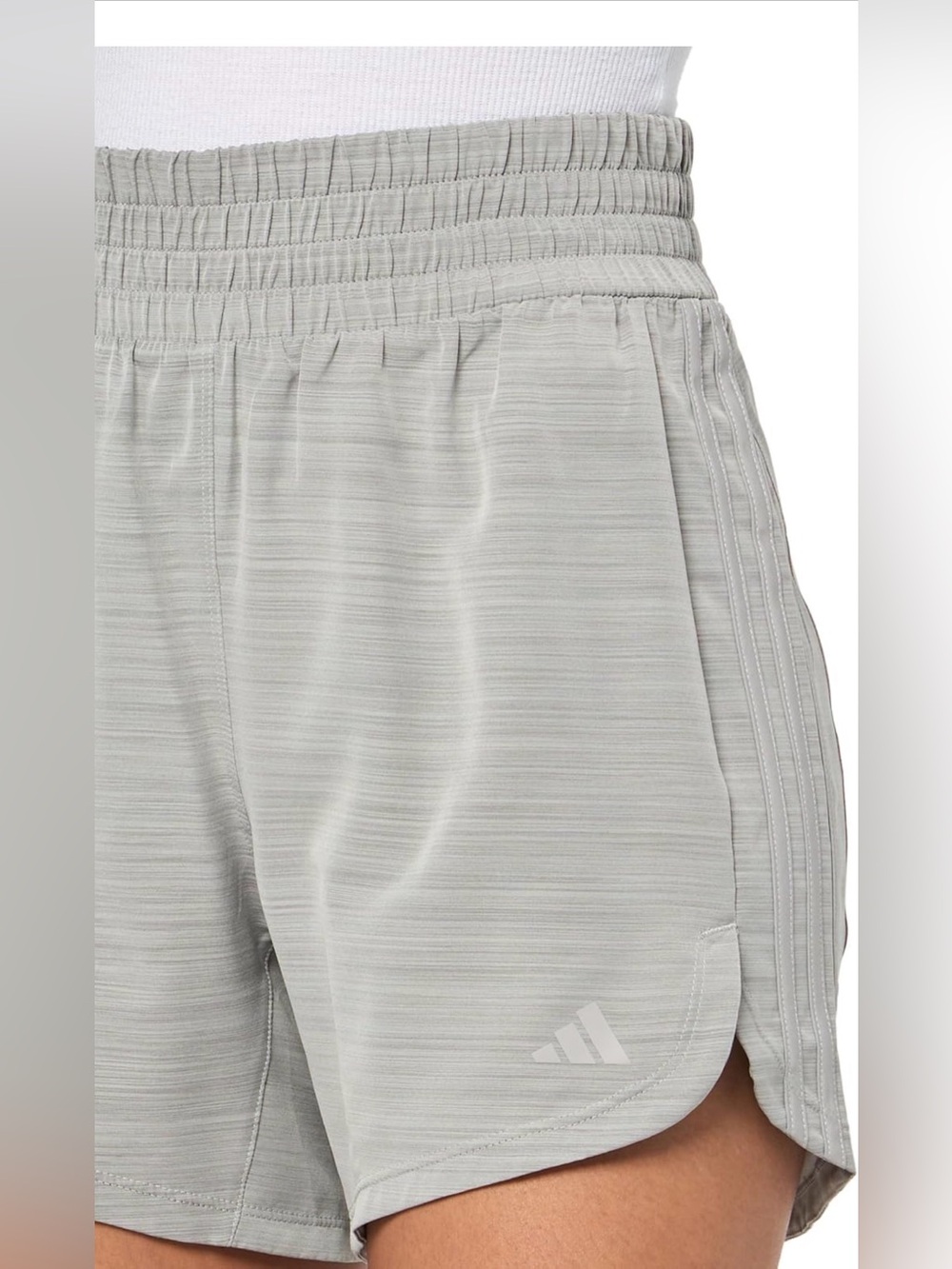 Adidas Pacer Woven High-Rise Shorts in heather gray.